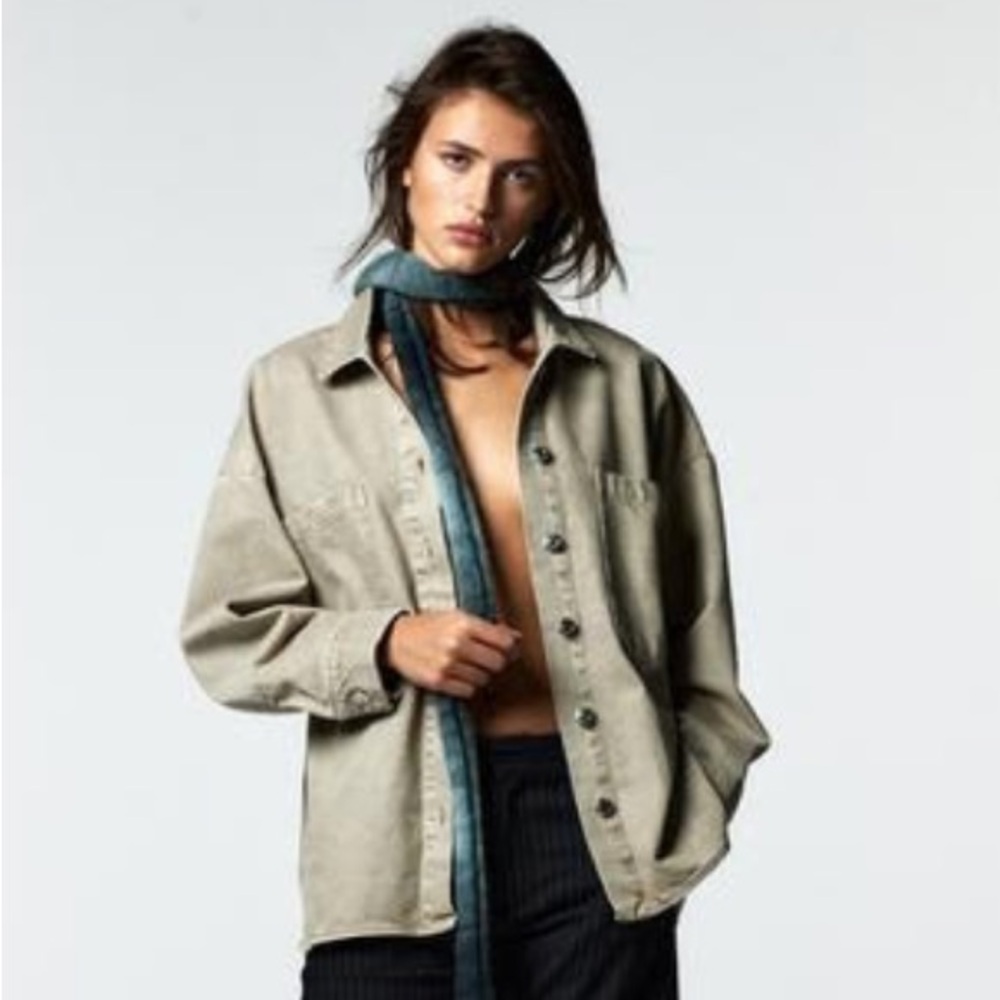 Zara khaki/lt Green Button-Up Overshirt with Pockets